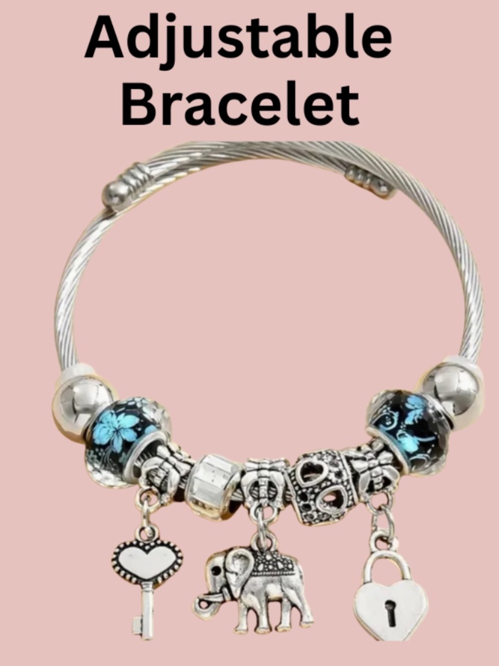 Silver Plated Adjustable Charm Bracelet Alloy Stainless Steel - 7" Circumference